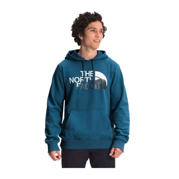 The North Face Men’s Logo Play Hoodie featuring soft fleece fabric, adjustable hood, kangaroo pocket, and bold front logo graphic for casual comfort.