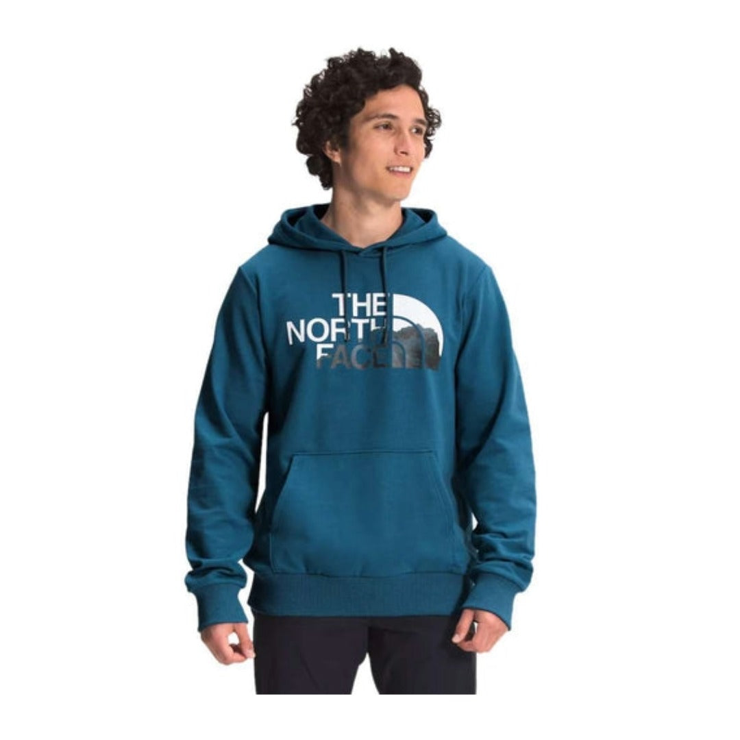 The North Face Men’s Logo Play Hoodie featuring soft fleece fabric, adjustable hood, kangaroo pocket, and bold front logo graphic for casual comfort.