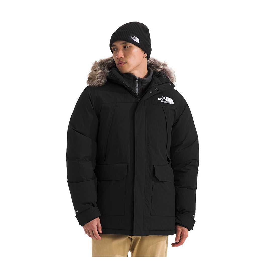 Men’s long winter parka featuring a waterproof-breathable outer shell, warm insulation, adjustable hood with faux-fur trim, full-length zipper with storm flap, multiple pockets, and adjustable cuffs for cold-weather protection