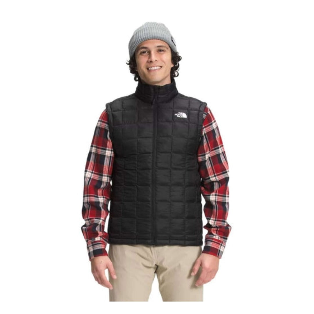 The North Face men’s ThermoBall Eco insulated vest with full-zip front and stand collar, designed for lightweight warmth and layering in cool weather.