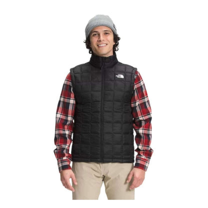 The North Face men’s ThermoBall Eco insulated vest with full-zip front and stand collar, designed for lightweight warmth and layering in cool weather.