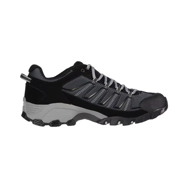 Men's waterproof trail running shoe featuring a breathable mesh and synthetic upper, lace-up closure, reinforced toe cap, cushioned EVA midsole, padded collar, and a durable rubber outsole with aggressive lugs for trail running and hiking
