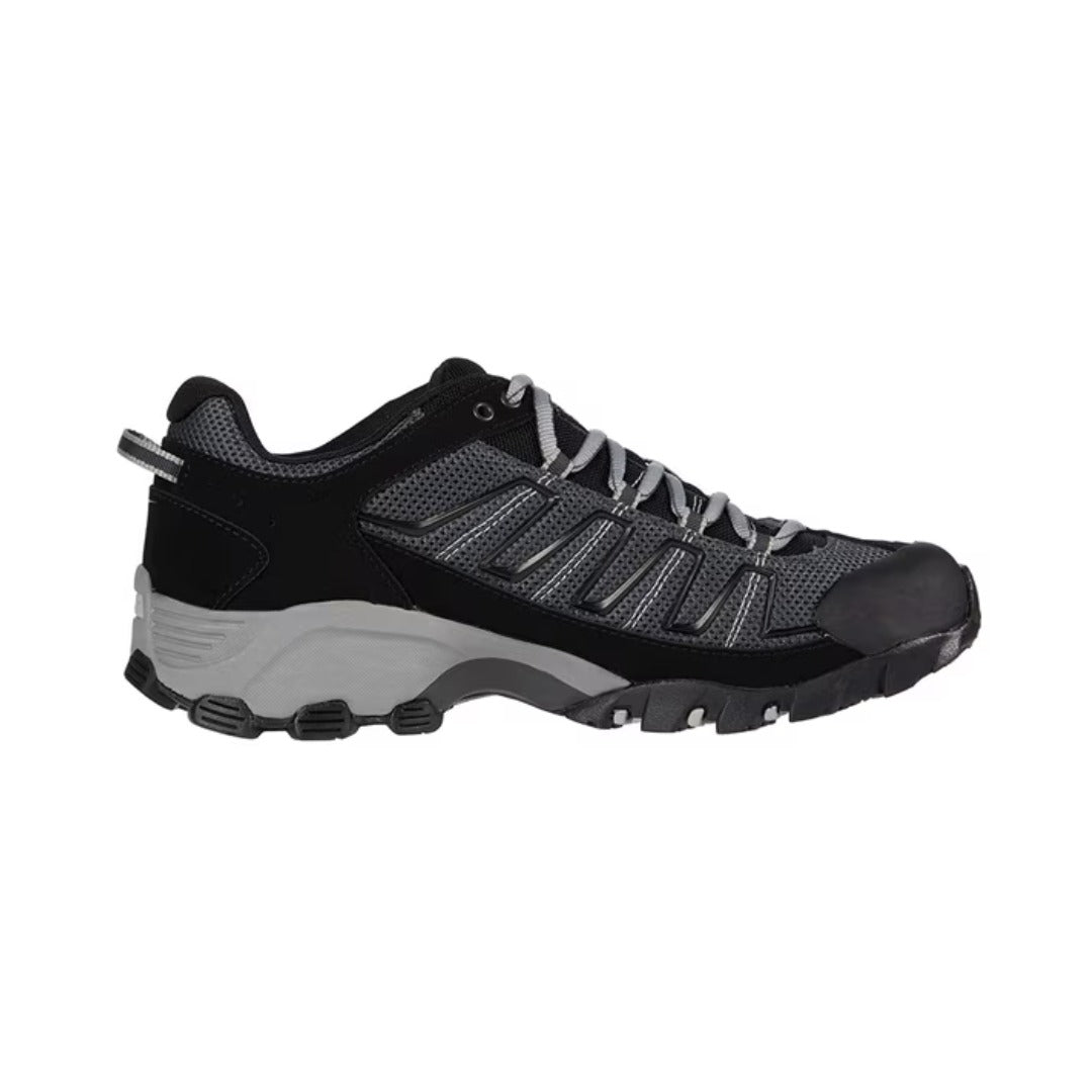 Men's waterproof trail running shoe featuring a breathable mesh and synthetic upper, lace-up closure, reinforced toe cap, cushioned EVA midsole, padded collar, and a durable rubber outsole with aggressive lugs for trail running and hiking