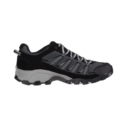 Men's waterproof trail running shoe featuring a breathable mesh and synthetic upper, lace-up closure, reinforced toe cap, cushioned EVA midsole, padded collar, and a durable rubber outsole with aggressive lugs for trail running and hiking