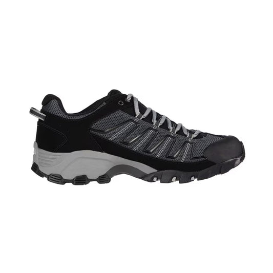 Men's waterproof trail running shoe featuring a breathable mesh and synthetic upper, lace-up closure, reinforced toe cap, cushioned EVA midsole, padded collar, and a durable rubber outsole with aggressive lugs for trail running and hiking