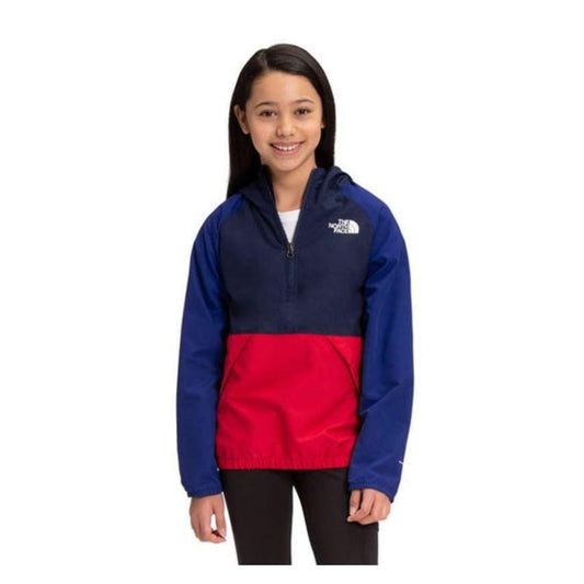 The North Face Youth Packable Wind Jacket featuring a lightweight hooded design, full-zip front, and wind-resistant fabric suitable for active outdoor wear.