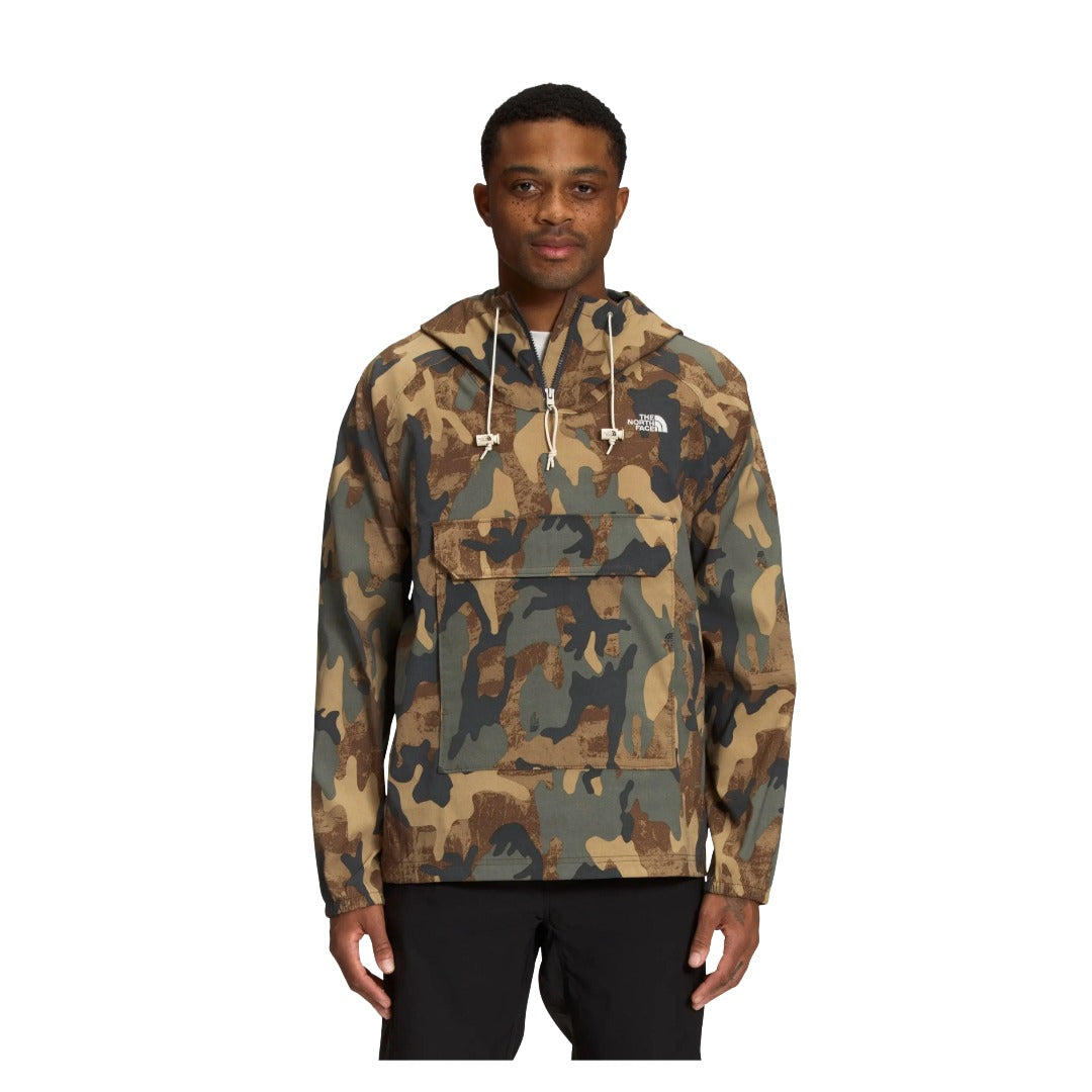 The North Face Printed Class V Pullover featuring lightweight printed fabric, half-zip front, adjustable hood, and elastic cuffs for outdoor wear.