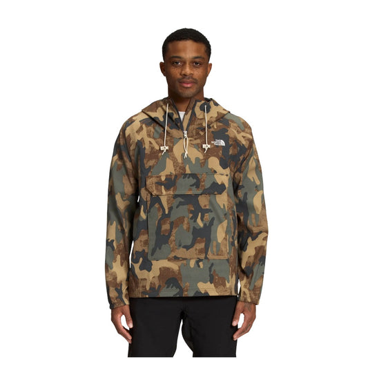 The North Face Printed Class V Pullover featuring lightweight printed fabric, half-zip front, adjustable hood, and elastic cuffs for outdoor wear.