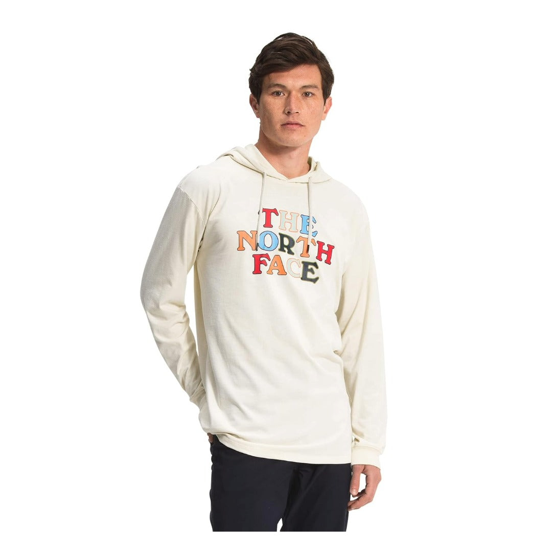 The North Face Summer Feels Tri-Blend Hoodie lightweight pullover with front logo graphic, attached hood, and ribbed cuffs.