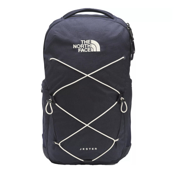 The North Face Jester Backpack with padded shoulder straps, front bungee storage system, laptop sleeve compartment, and side water bottle pockets.