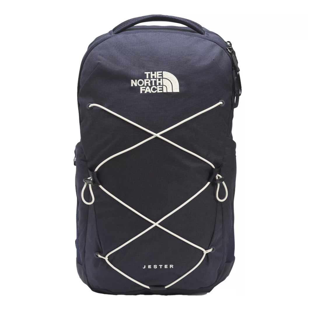 The North Face Jester Backpack with padded shoulder straps, front bungee storage system, laptop sleeve compartment, and side water bottle pockets.