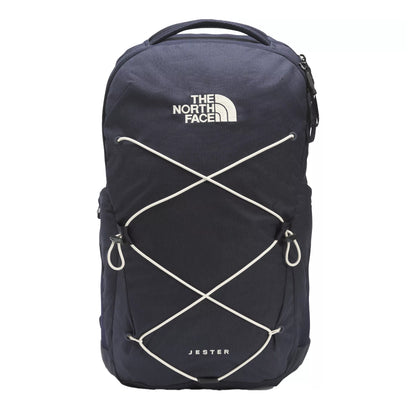 The North Face Jester Backpack with padded shoulder straps, front bungee storage system, laptop sleeve compartment, and side water bottle pockets.