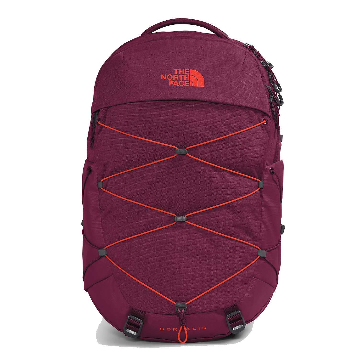 The North Face Women’s Borealis Backpack with bungee cord system, padded straps, multiple compartments, and water bottle pockets.