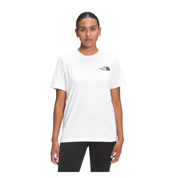 The North Face Women’s Short Sleeve Box NSE Tee featuring soft cotton fabric, ribbed crewneck, short sleeves, and bold Box NSE logo graphic on the front.