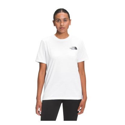 The North Face Women’s Short Sleeve Box NSE Tee featuring soft cotton fabric, ribbed crewneck, short sleeves, and bold Box NSE logo graphic on the front.