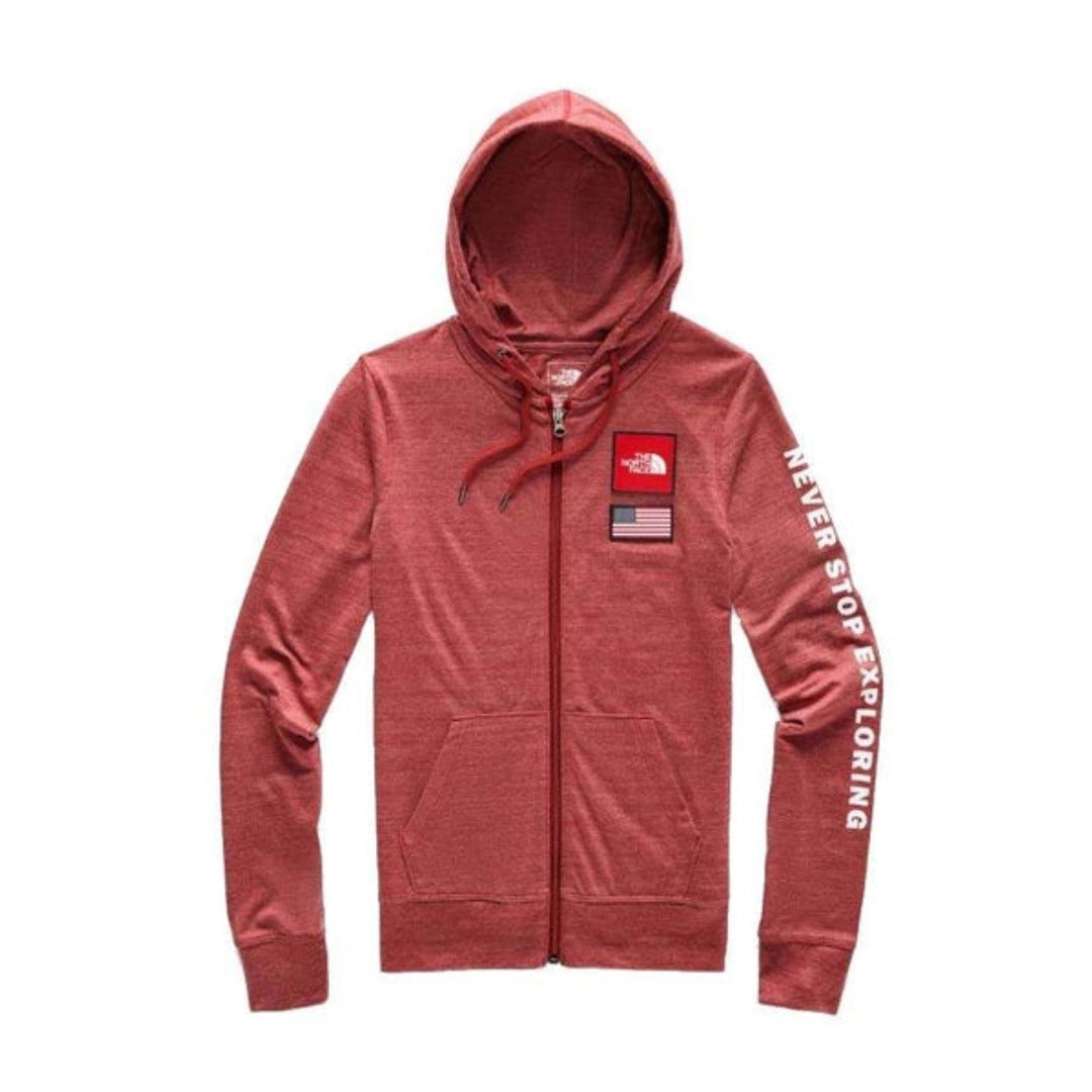 The North Face Women’s Americana Tri-Blend Full Zip Hoodie in cardinal red with full zip front, drawcord hood, and kangaroo pockets.