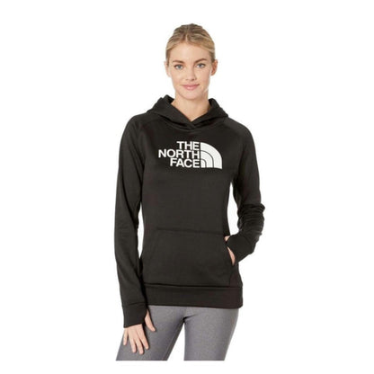 The North Face Women’s Fave Half Dome Pullover Hoodie cotton-blend fleece sweatshirt with front kangaroo pocket and Half Dome logo.