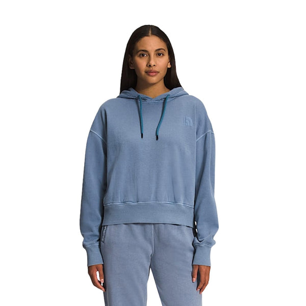 The North Face Women’s Garment Dye Hoodie with soft fleece fabric, pullover design, kangaroo pocket, and relaxed everyday fit.