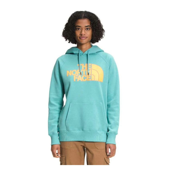 The North Face Women’s Half Dome Hoodie featuring soft fleece fabric, adjustable hood, kangaroo pocket, ribbed trim, and large Half Dome logo graphic on the front.