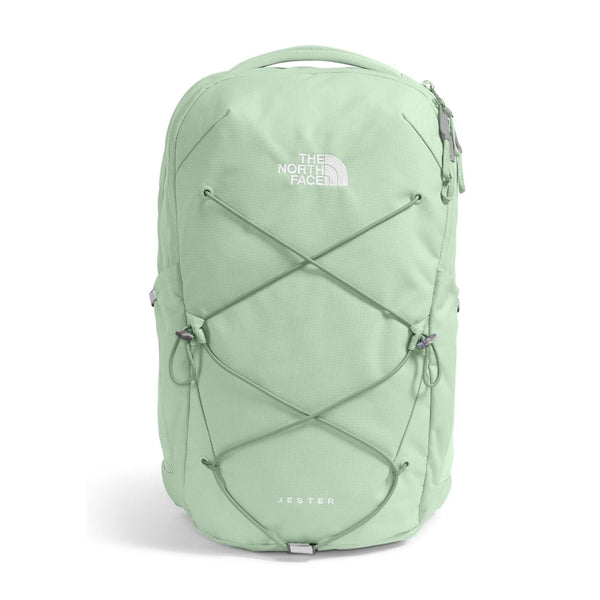 The North Face Women’s Jester Backpack in black featuring front bungee system, padded straps, and dual side pockets.