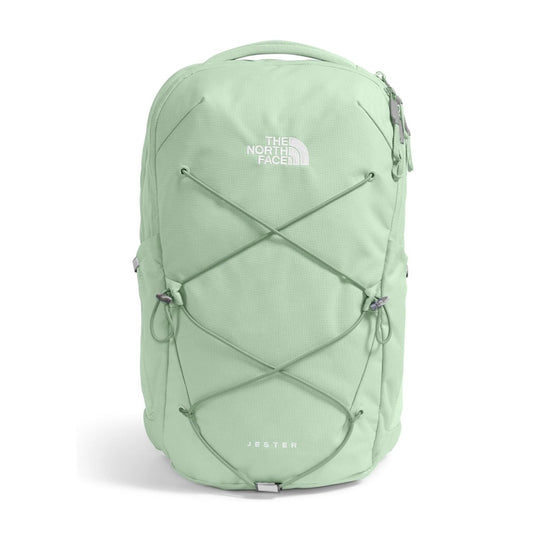 The North Face Women’s Jester Backpack in black featuring front bungee system, padded straps, and dual side pockets.