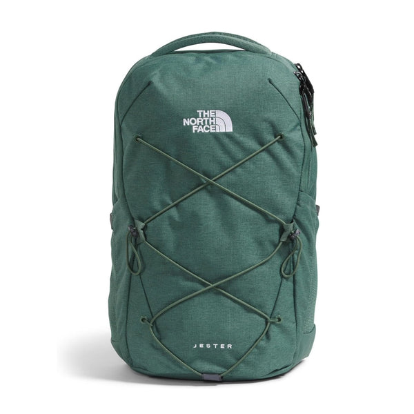 Women’s North Face Jester backpack featuring ergonomic straps, front bungee system, and multiple compartments for organized everyday use.