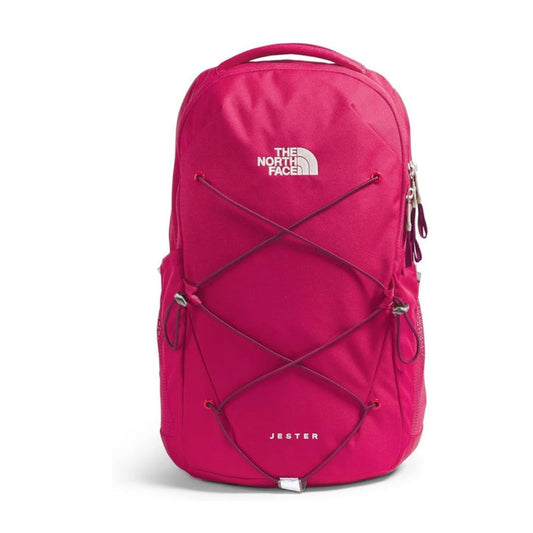North Face Jester backpack featuring a front bungee system, multiple compartments, and padded shoulder straps for comfortable everyday use.