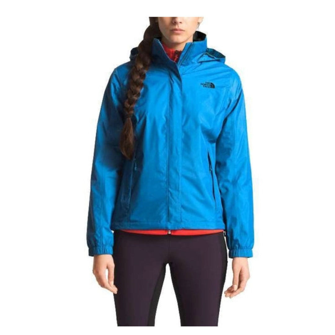 The North Face Women’s Resolve 2 Jacket with waterproof shell, adjustable hood, and zippered pockets for rain protection.