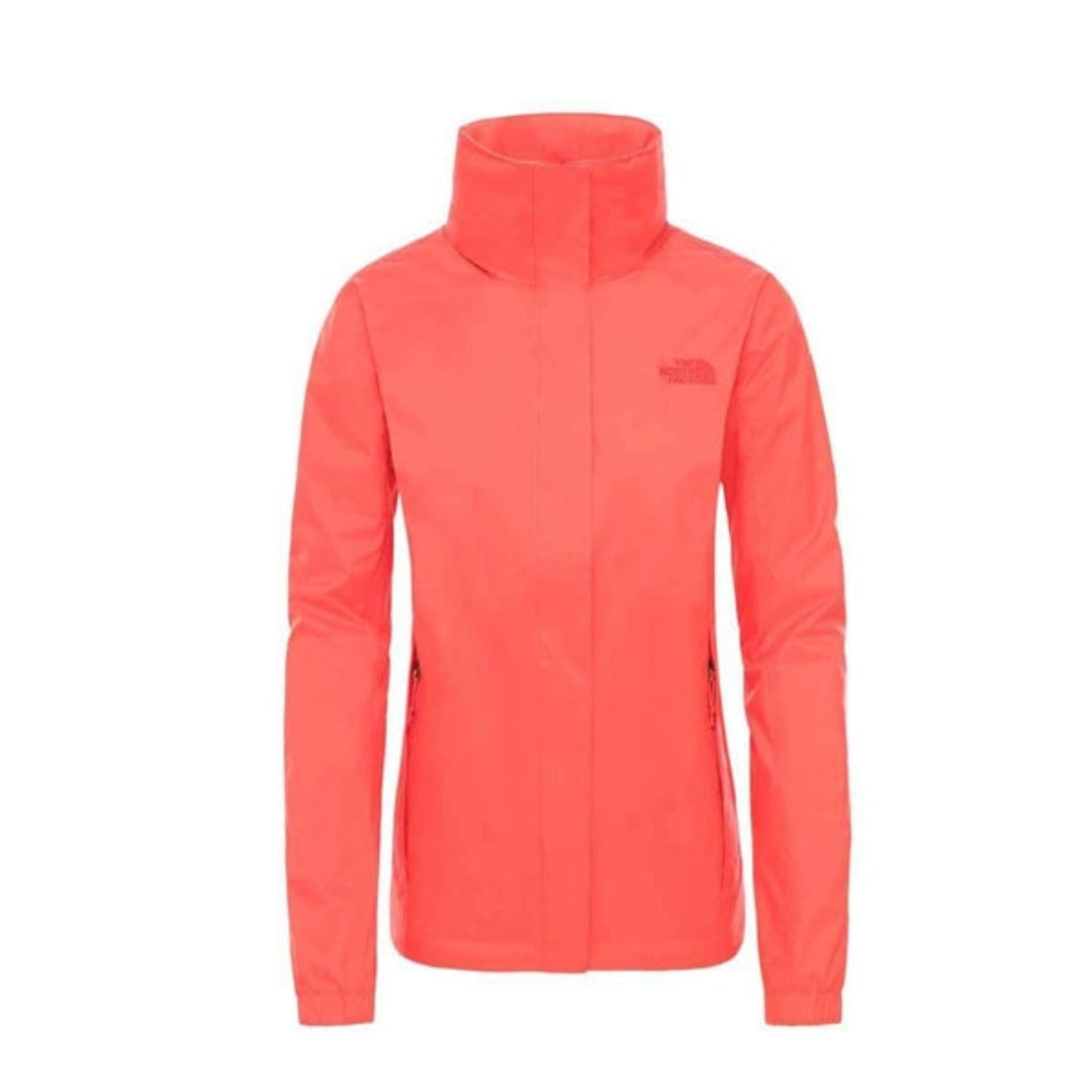 The North Face Women’s Resolve 2 Jacket with waterproof shell, adjustable hood, and zippered pockets for rain protection.