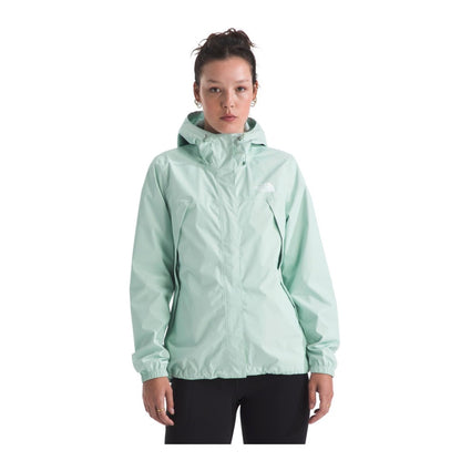 The North Face Women’s Antora Jacket featuring a waterproof hooded shell, full-zip front with stormflap, and zippered hand pockets for lightweight rain protection.
