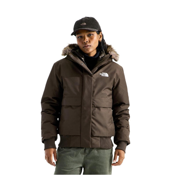 Women's insulated bomber jacket featuring a durable outer shell, attached hood, full-length front zipper, ribbed cuffs and hem, and multiple pockets for cold-weather wear