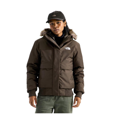 Women's insulated bomber jacket featuring a durable outer shell, attached hood, full-length front zipper, ribbed cuffs and hem, and multiple pockets for cold-weather wear