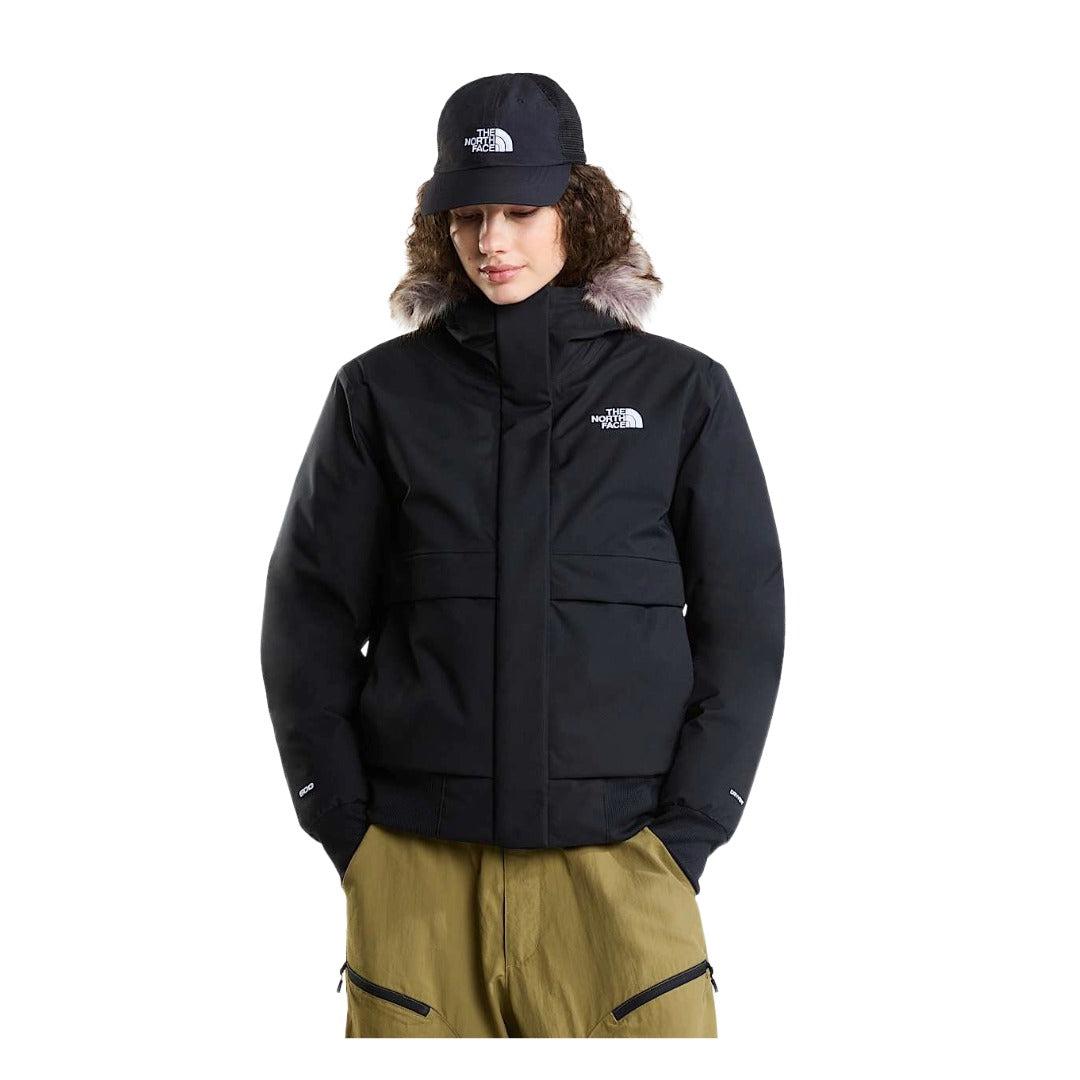 Women's insulated bomber jacket featuring a durable outer shell, attached hood, full-length front zipper, ribbed cuffs and hem, and multiple pockets for cold-weather wear