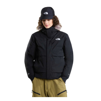 Women's insulated bomber jacket featuring a durable outer shell, attached hood, full-length front zipper, ribbed cuffs and hem, and multiple pockets for cold-weather wear