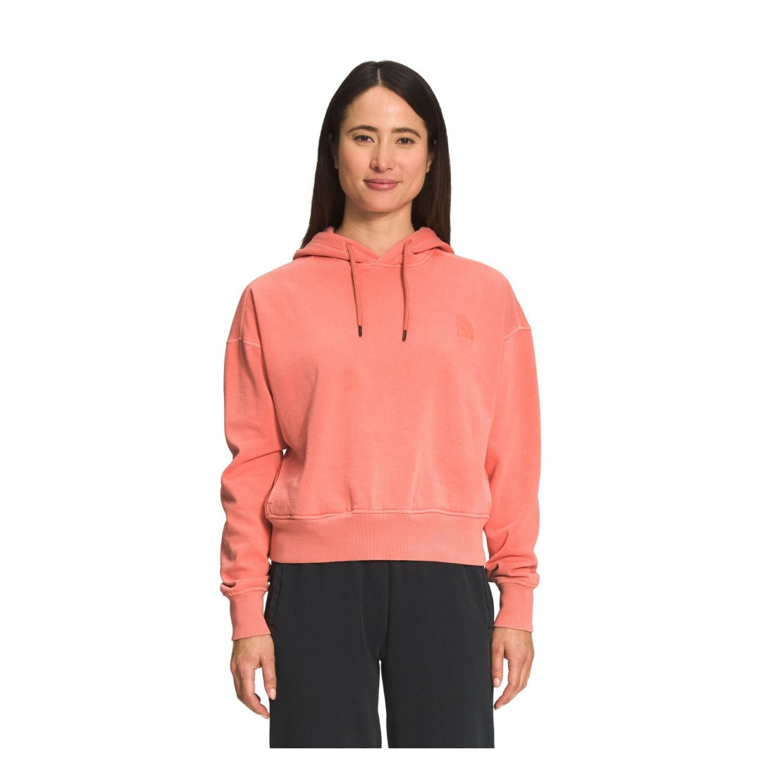 The North Face Women’s Garment Dye Hoodie with soft fleece fabric, pullover design, kangaroo pocket, and relaxed everyday fit.