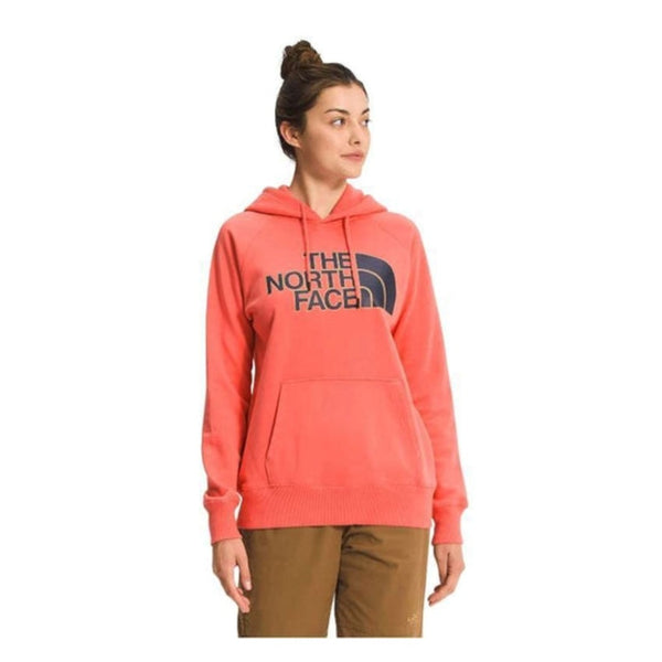 The North Face Women’s Half Dome Pullover Hoodie featuring soft fleece fabric, adjustable hood, kangaroo pocket, and large Half Dome logo on the front.