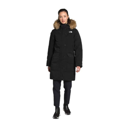 The North Face Women’s New Defdown FUTURELIGHT jacket waterproof insulated parka with hood and long silhouette for winter weather.