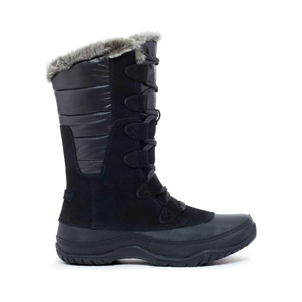 Women’s insulated winter boots featuring a water-resistant synthetic textile upper, cozy lining, lace-up closure, cushioned footbed, reinforced toe and heel, and durable rubber outsole designed for comfortable traction in cold and snowy conditions