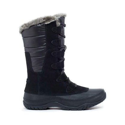 Women’s insulated winter boots featuring a water-resistant synthetic textile upper, cozy lining, lace-up closure, cushioned footbed, reinforced toe and heel, and durable rubber outsole designed for comfortable traction in cold and snowy conditions