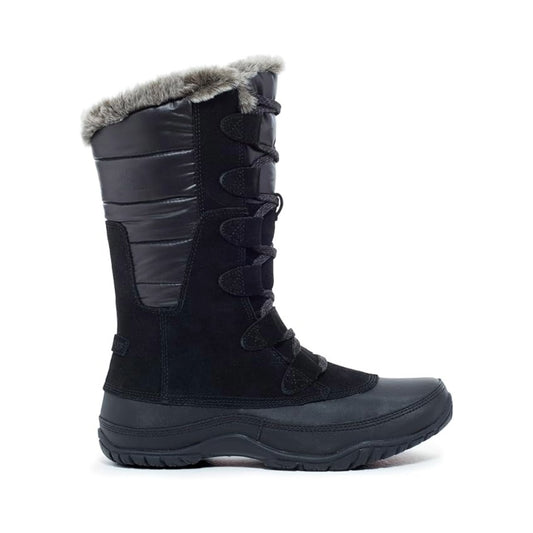 Women’s insulated winter boots featuring a water-resistant synthetic textile upper, cozy lining, lace-up closure, cushioned footbed, reinforced toe and heel, and durable rubber outsole designed for comfortable traction in cold and snowy conditions