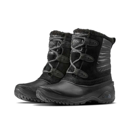 Women's waterproof short winter boots featuring a leather and textile upper, lace-up closure, soft fleece lining, synthetic insulation, cushioned EVA midsole, reinforced toe and heel, and a durable rubber outsole for cold-weather comfort and traction