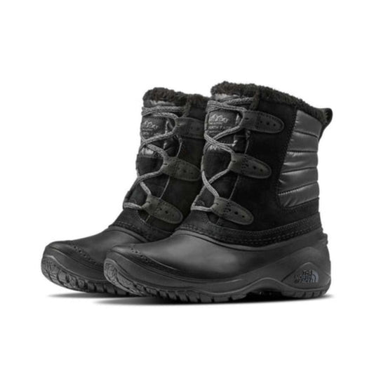 Women's waterproof short winter boots featuring a leather and textile upper, lace-up closure, soft fleece lining, synthetic insulation, cushioned EVA midsole, reinforced toe and heel, and a durable rubber outsole for cold-weather comfort and traction