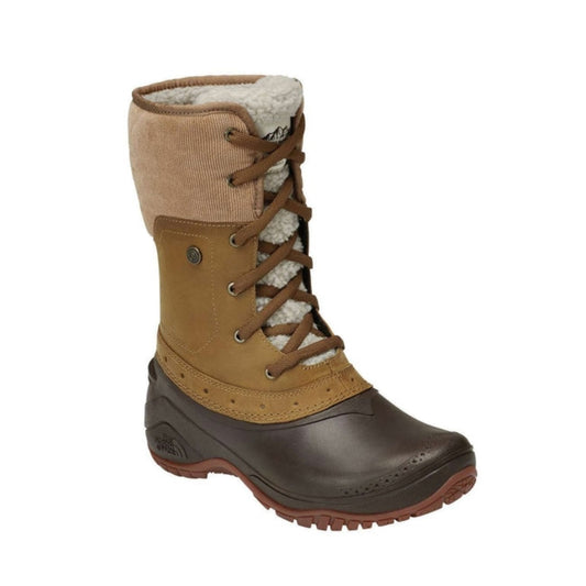 Women's waterproof winter boots featuring a leather and textile upper, roll-down fleece collar, lace-up closure, synthetic insulation, cushioned EVA midsole, reinforced toe and heel, and a durable rubber outsole for cold-weather comfort and traction