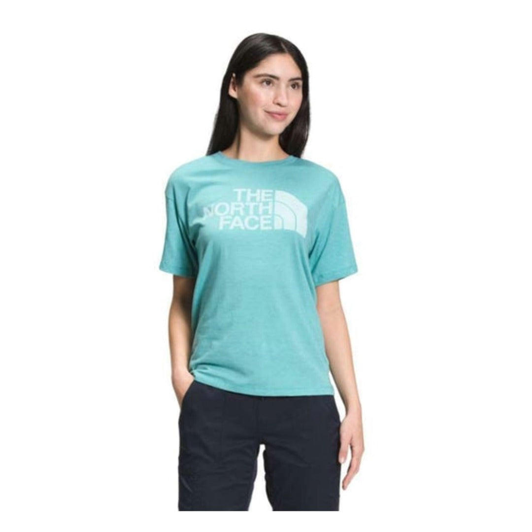 The North Face Women’s Short Sleeve Half Dome Tri-Blend Tee featuring soft lightweight fabric, ribbed crewneck, short sleeves, and classic Half Dome logo graphic on the front.