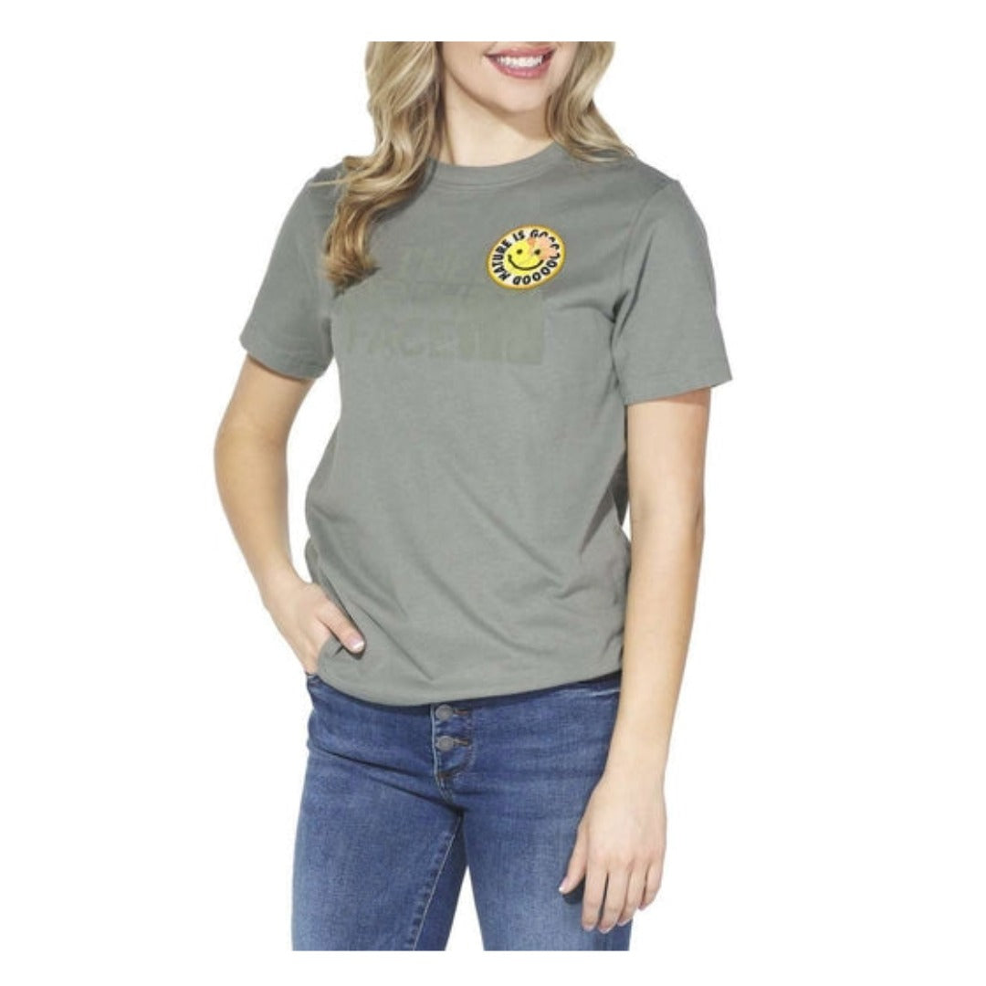 The North Face Women’s Short Sleeve Patches T-Shirt with ribbed crew neckline, short sleeves, and logo patch graphics on soft cotton fabric.