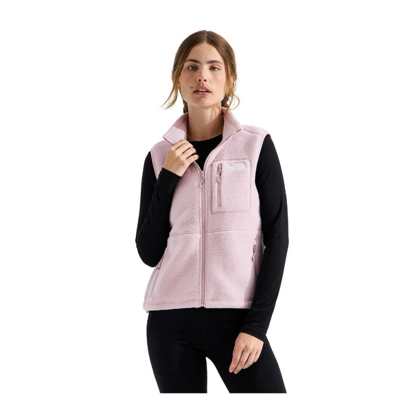 Women's high-pile fleece vest featuring a full-length front zipper, high collar, sleeveless design, and zippered hand pockets for lightweight warmth and layering