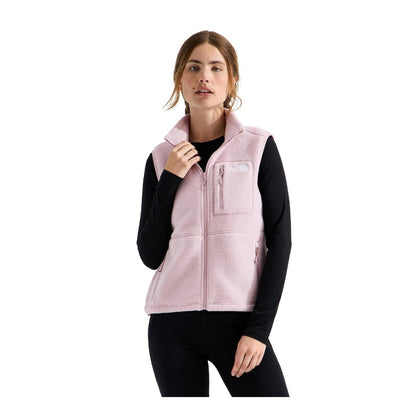 Women's high-pile fleece vest featuring a full-length front zipper, high collar, sleeveless design, and zippered hand pockets for lightweight warmth and layering