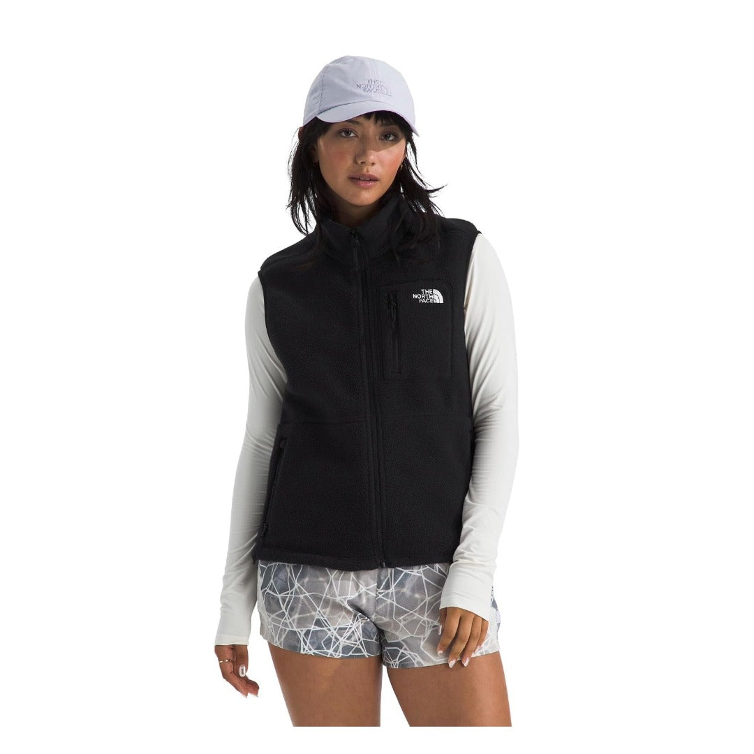 Women's high-pile fleece vest featuring a full-length front zipper, high collar, sleeveless design, and zippered hand pockets for lightweight warmth and layering