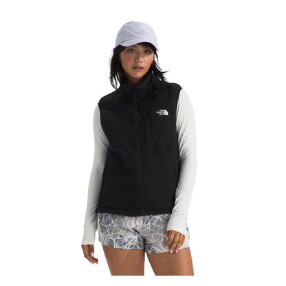 Women's high-pile fleece vest featuring a full-length front zipper, high collar, sleeveless design, and zippered hand pockets for lightweight warmth and layering