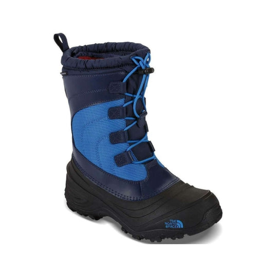 Youth winter boots featuring a water-resistant synthetic and textile upper, warm insulation, cozy lining, easy pull-on design, cushioned footbed, reinforced toe and heel, and durable rubber outsole with rugged tread for snowy outdoor activities